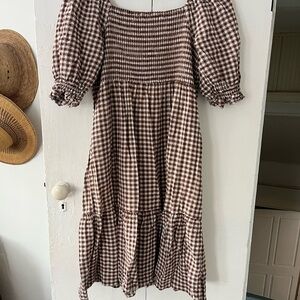 Brown Gingham Puff Sleeve Dress